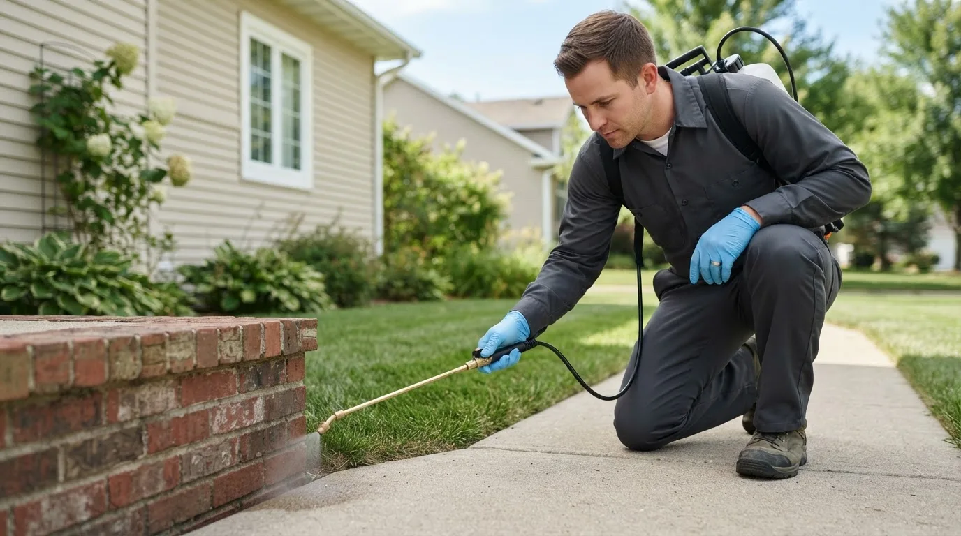 Pest control technician treating a home near Friona, TX