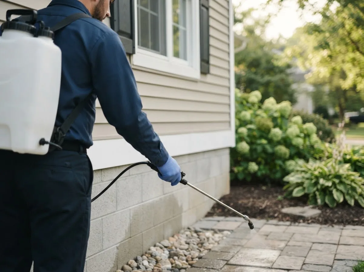 Pest control technician inspecting a home in Friona, TX